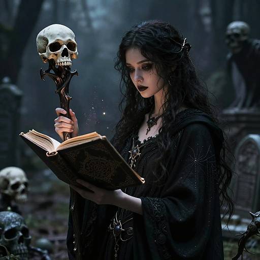 Dark Necromancer in an Enchanted Graveyard