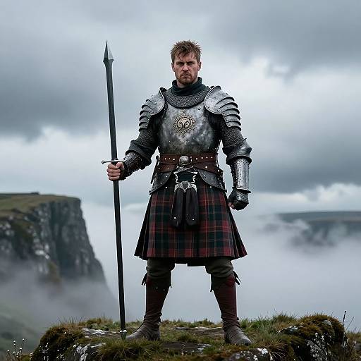 Photograph of a muscular, bearded man in medieval Scottish armor with a plaid kilt, holding a spear, standing on a misty cliff