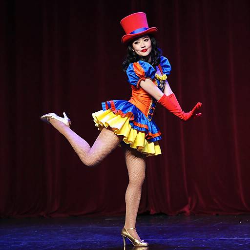 Photograph of a woman in a colorful circus-style outfit, with a red top hat, blue and yellow dress, red gloves, white heels, and