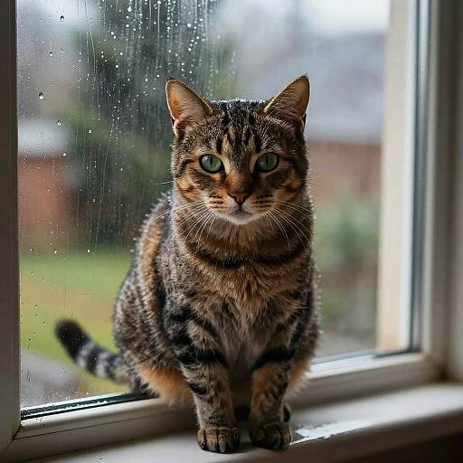 Moody Cat on Rainy Windowsill