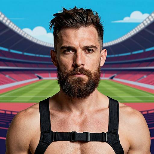 Photograph of a muscular, bearded man with dark hair in a black harness, standing in front of a vividly colored, empty stadium.