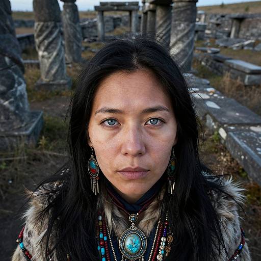 Photograph of a young Indigenous woman with long black hair, blue eyes, wearing turquoise jewelry and fur-trimmed clothing, standing in an ancient stone