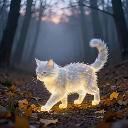 Photograph of a glowing, white, fluffy cat with illuminated fur walking on a forest path covered in autumn leaves at sunset.