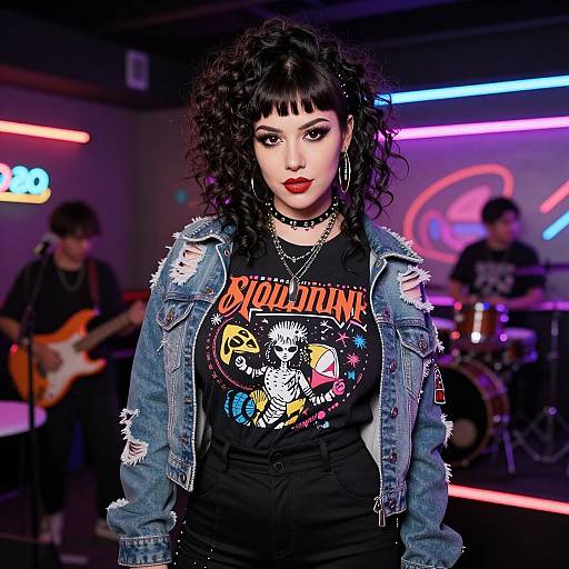 Photograph of a curly-haired woman with red lipstick, wearing a distressed denim jacket and 