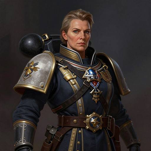 Digital artwork of a stern, blonde woman in detailed medieval-style armor, with silver pauldrons, dark blue tunic, and gold accents. Dark