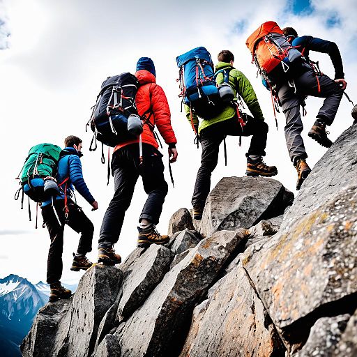 Two Hikers Climbing Rocky Terrain