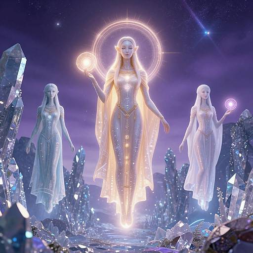 Celestial Pleiadian Figures in Crystalline Alien Forest