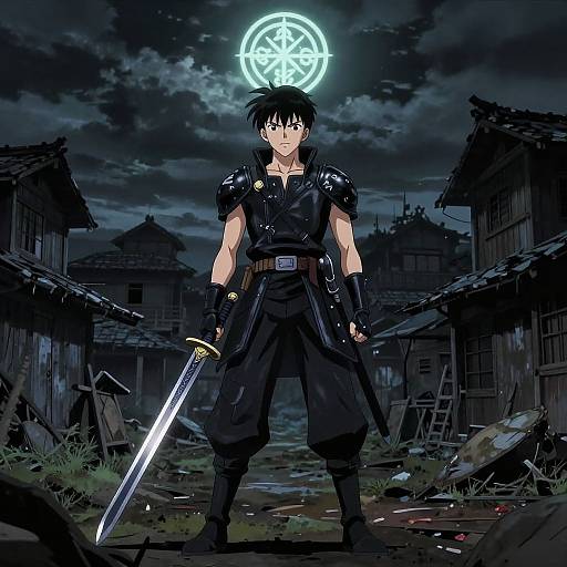 Anime-style illustration of a young, black-haired warrior with glowing eyes, holding a sword, standing in a dark, ruined village under a bright, magical