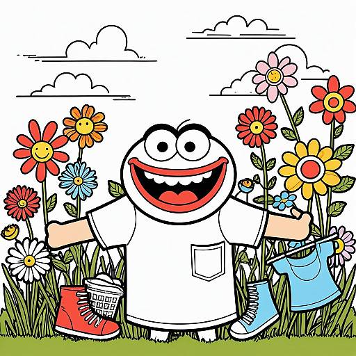Cartoon Sock Puppet in Colorful Flower Meadow