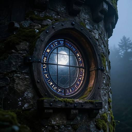 Photograph of a moss-covered stone tower with a circular, illuminated clock face showing Roman numerals, set against a misty forest background.