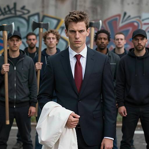 Man in Suit with Group Holding Axes