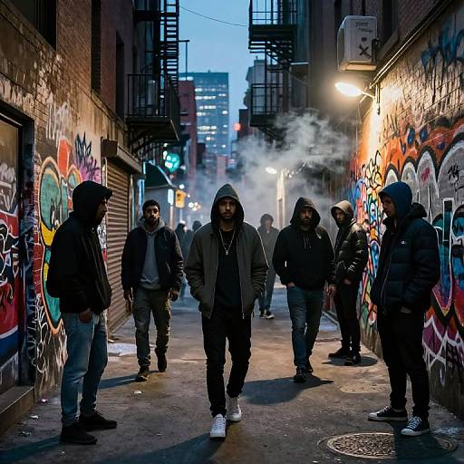 Photograph of urban alley at dusk, featuring six men in hoodies, smoking, surrounded by colorful graffiti on brick walls, with city lights and smoke