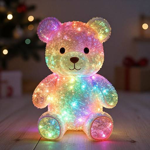 Photograph of a glowing, multicolored Christmas teddy bear ornament with small LED lights, seated on a wooden floor, in front of a blurred