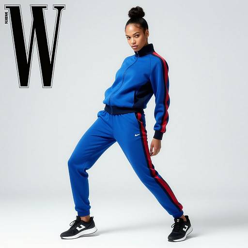 Photograph of a confident woman with dark skin and a high bun, wearing a blue Adidas tracksuit with red stripes, black sneakers, and black belt