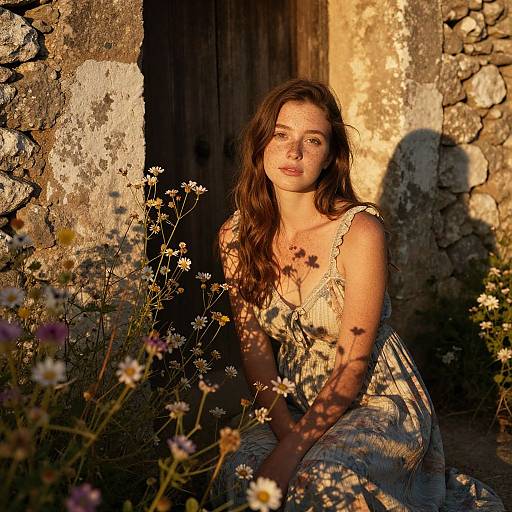 Photograph of a young woman with long brown hair, wearing a white floral dress, sitting in a sunlit, rustic stone doorway, surrounded by wild