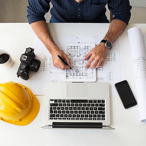 Aerial View of Workspace with Blueprints
