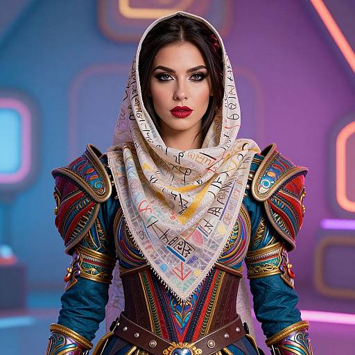 Digital artwork of a fierce, dark-haired woman with red lipstick, wearing elaborate, colorful armor and a white, patterned headscarf, set against