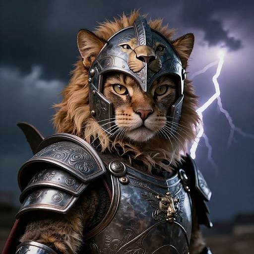 Photorealistic digital art of a fierce, armored lion with golden eyes, lightning in stormy sky background, wearing ornate medieval armor.