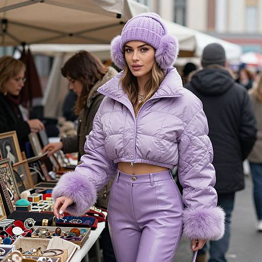Photograph of a stylish woman in a lavender puffer jacket with fur trim, matching high-waisted pants, and knit hat, browsing a market