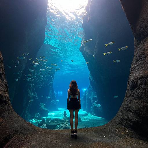 Photograph of a woman with long hair, back to the camera, standing in a rocky underwater tunnel, surrounded by swimming fish, illuminated by bright blue