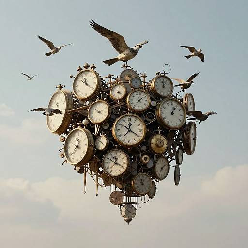 Photograph of a floating cluster of antique clocks, surrounded by flying birds, against a clear blue sky with soft clouds.