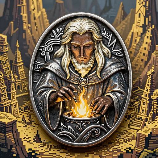 Digital artwork of a bearded, white-haired wizard with dark skin, wearing ornate silver armor, holding a glowing fire in a circular emblem, set