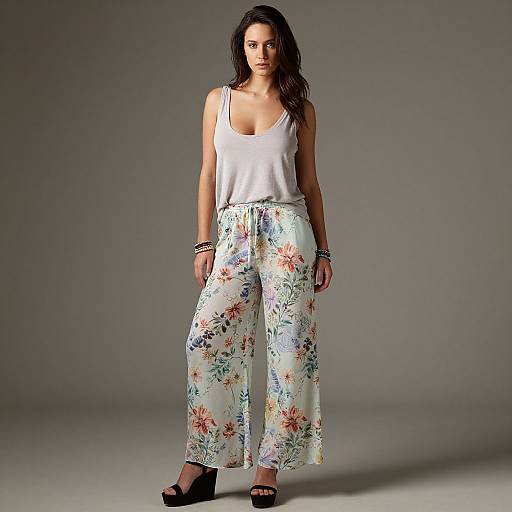 Photograph of a dark-haired woman in a white tank top and floral high-waisted pants, standing against a gray background. She wears black sandals