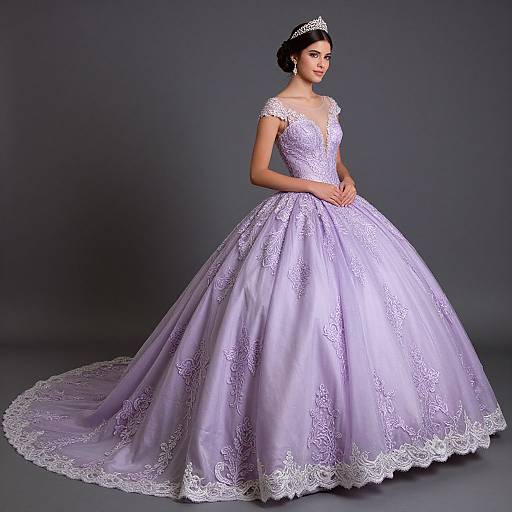 Photograph of a dark-haired bride in a lavender, lace-embellished ball gown with a full skirt, wearing a silver tiara, standing
