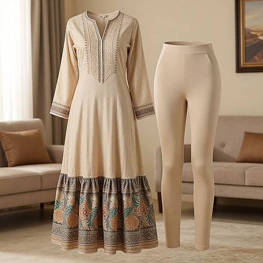 Photograph of a cream-colored, long-sleeve, embroidered dress with floral-patterned hem, paired with beige high-waisted leggings, displayed