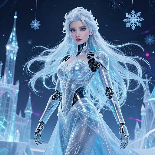 Digital artwork of a beautiful, icy-blue-haired, fair-skinned woman in a glittering, transparent ice dress, standing in a magical, snowflake