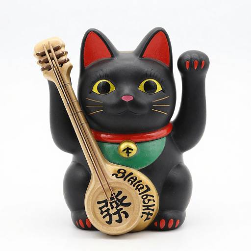 Photograph of a black ceramic cat with red ears, yellow eyes, red collar, green chest, holding a 