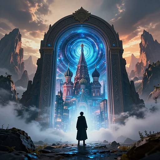 Digital art: Silhouetted figure stands before a glowing, blue-ringed archway leading to a futuristic, cathedral-like city amidst misty mountains