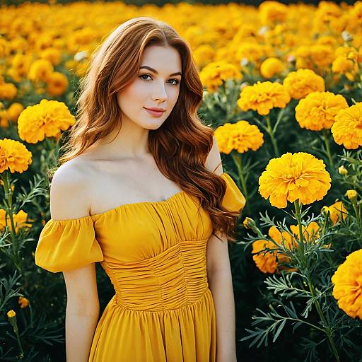 Young Woman in Golden Dress with Marigold Flowers