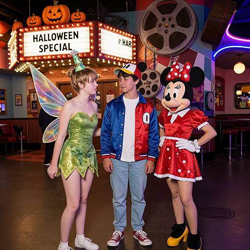 Photograph of three Halloween-costumed individuals: fairy with green dress, boy in blue jacket and cap, Mickey Mouse in red dress, in a brightly
