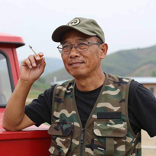 Man with Glasses in Camouflage Outfit