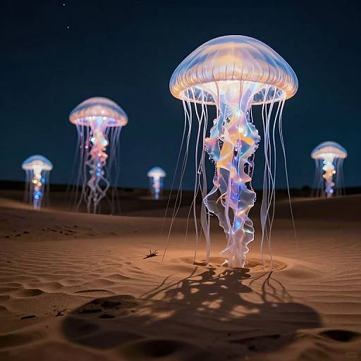 Photograph of glowing jellyfish with translucent, umbrella-like tops and long, flowing tentacles, illuminated against a dark, starry night sky in a