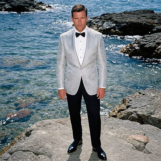 Photograph of a handsome man in a white sequin tuxedo with black bow tie, standing on rocky shoreline, blue ocean background.