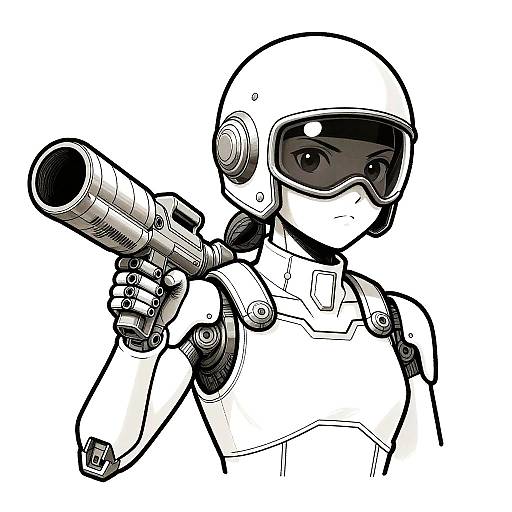 Black-and-white digital drawing of a futuristic armored soldier with a helmet and visor, holding a large gun, ready to fire. Bold lines and high