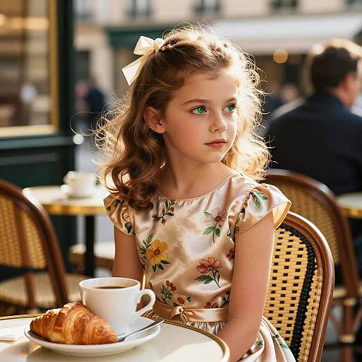 Photograph of a young girl with curly blonde hair, wearing a floral dress and white bow, sitting at a café, holding a cup, with a