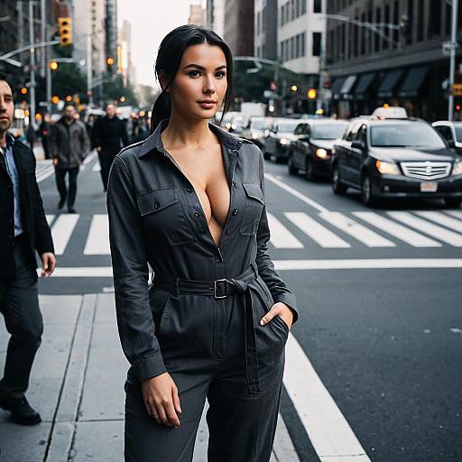 Woman in Charcoal Grey Jumpsuit on City Street