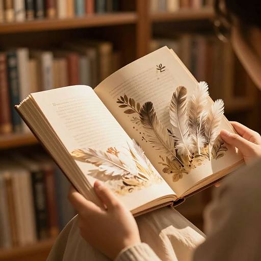 Photograph of hands holding an open book with decorative white and gray feathers, illuminated by warm light, against a blurred bookshelf background.