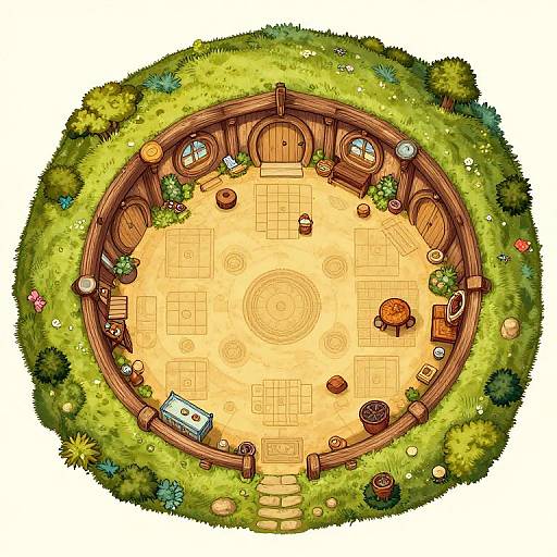 Top-down illustration of a circular garden room with wooden fence, grassy border, various furniture, and decorative plants on a sandy floor.
