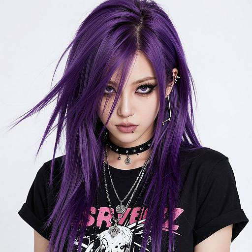 Photograph of a pale-skinned, purple-haired woman with black eyeliner, piercings, and a black choker, wearing a black 