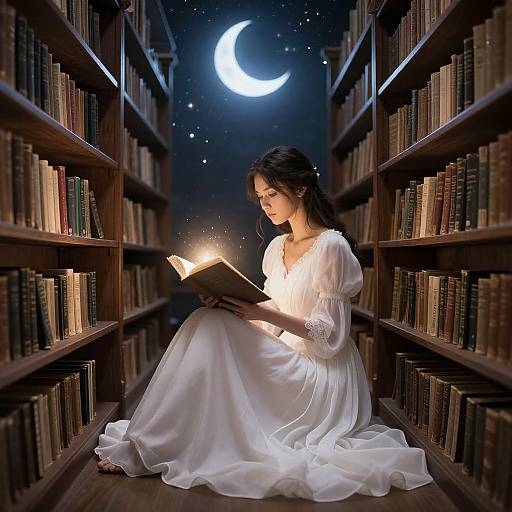 Photograph-style digital art: A young woman in a white, flowing dress reads a glowing book in a starry, moonlit library aisle, surrounded