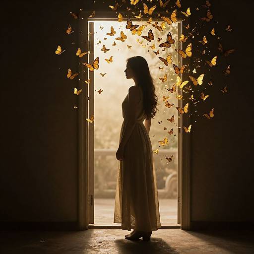 Silhouetted woman in flowing dress stands in doorway, surrounded by glowing yellow butterflies, backlit by warm sunlight, creating a magical, ethereal