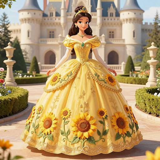 Digital drawing of a fairytale princess in a yellow sunflower-embellished gown, standing in front of a sunlit castle garden.