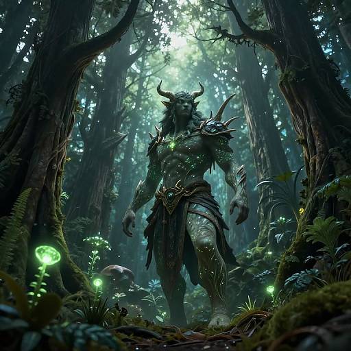 Digital fantasy artwork of a muscular, horned, armored forest demon with glowing green eyes and chest, standing amidst a mystical, glowing forest.