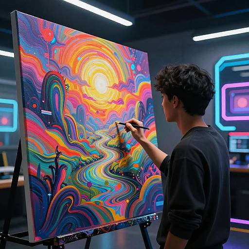 Futuristic Digital Artist Painting Neon Landscapes