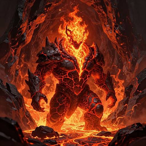 Digital art of a fiery, black, armored demon with glowing red cracks, standing in a cave filled with bright orange lava.