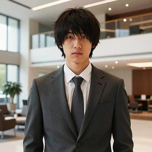 Photograph of an Asian man with black, tousled hair, wearing a dark gray suit, white shirt, and black tie, standing in a modern